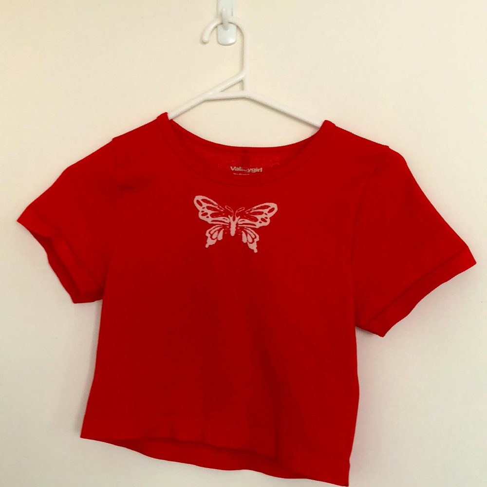 Red Top with White Butterfly in print